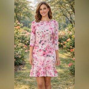 NWT Nine West Tutu Pink Floral Dress 16 Plus Ruffle Hem 3/4 Sleeve Knit Barbie